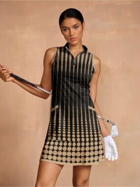 Acegolfs NWT Sleeveless Black and Gold/Tan Polka Dot Golf Pickleball Dress Sz L